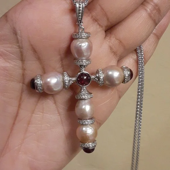 925 Genuine Pearls with Garnet Cabochons end Caps. - Picture 7 of 14